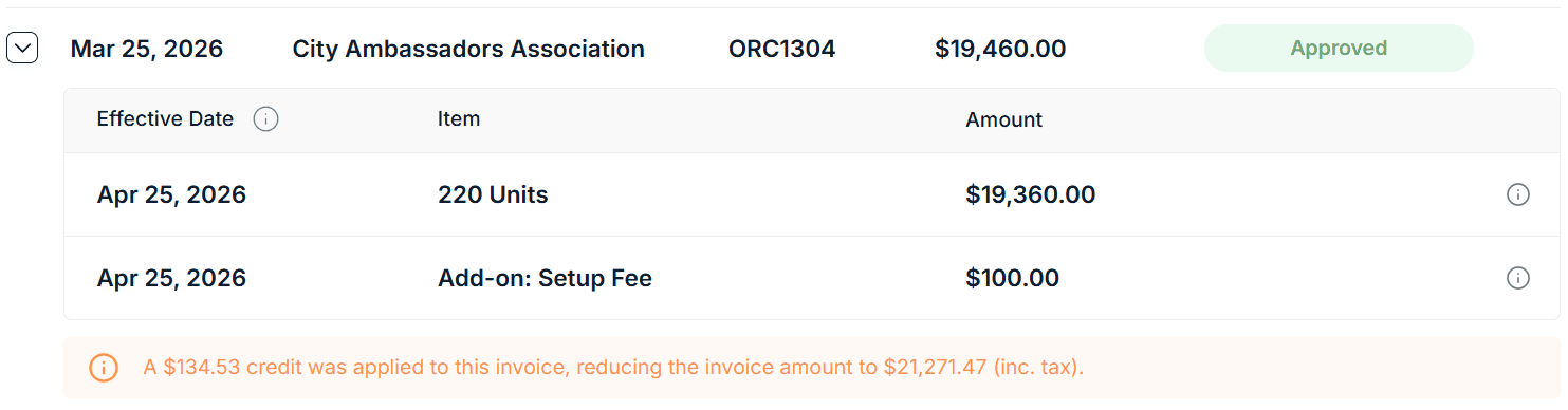 Invoice in Saasybill showing City Ambassadors Association, ORC1304, $19,460.00