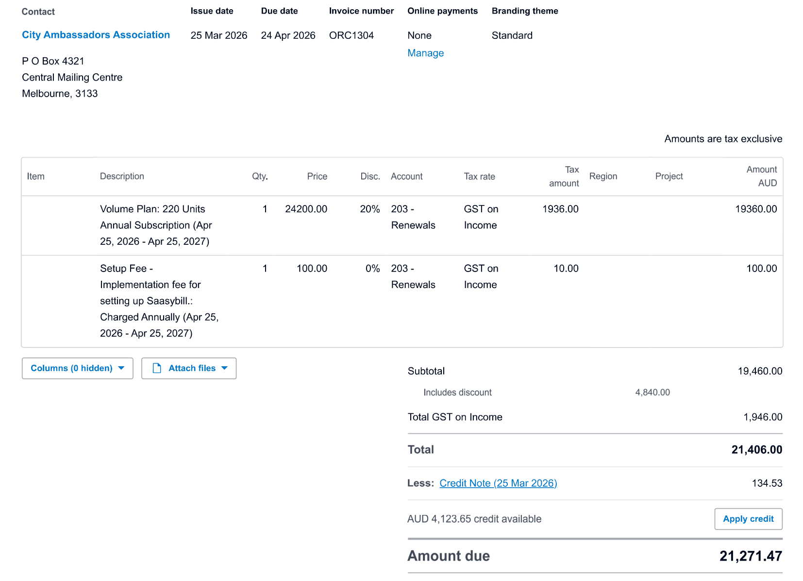 The same invoice in Xero showing City Ambassadors Association, ORC1304, amount due $21,271.47